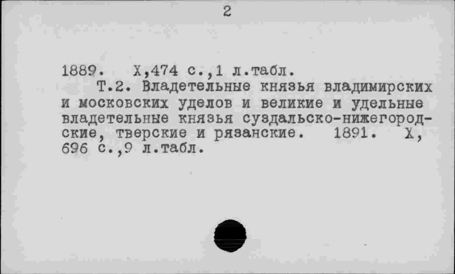 ﻿1889.	Х,474 с.,1 л.табл.
Т.2. Владетельные князья владимирских и московских уделов и великие и удельные владетельные князья суздальско-нижегородские, тверские и рязанские. 1891. X, 696 с.,9 л.табл.